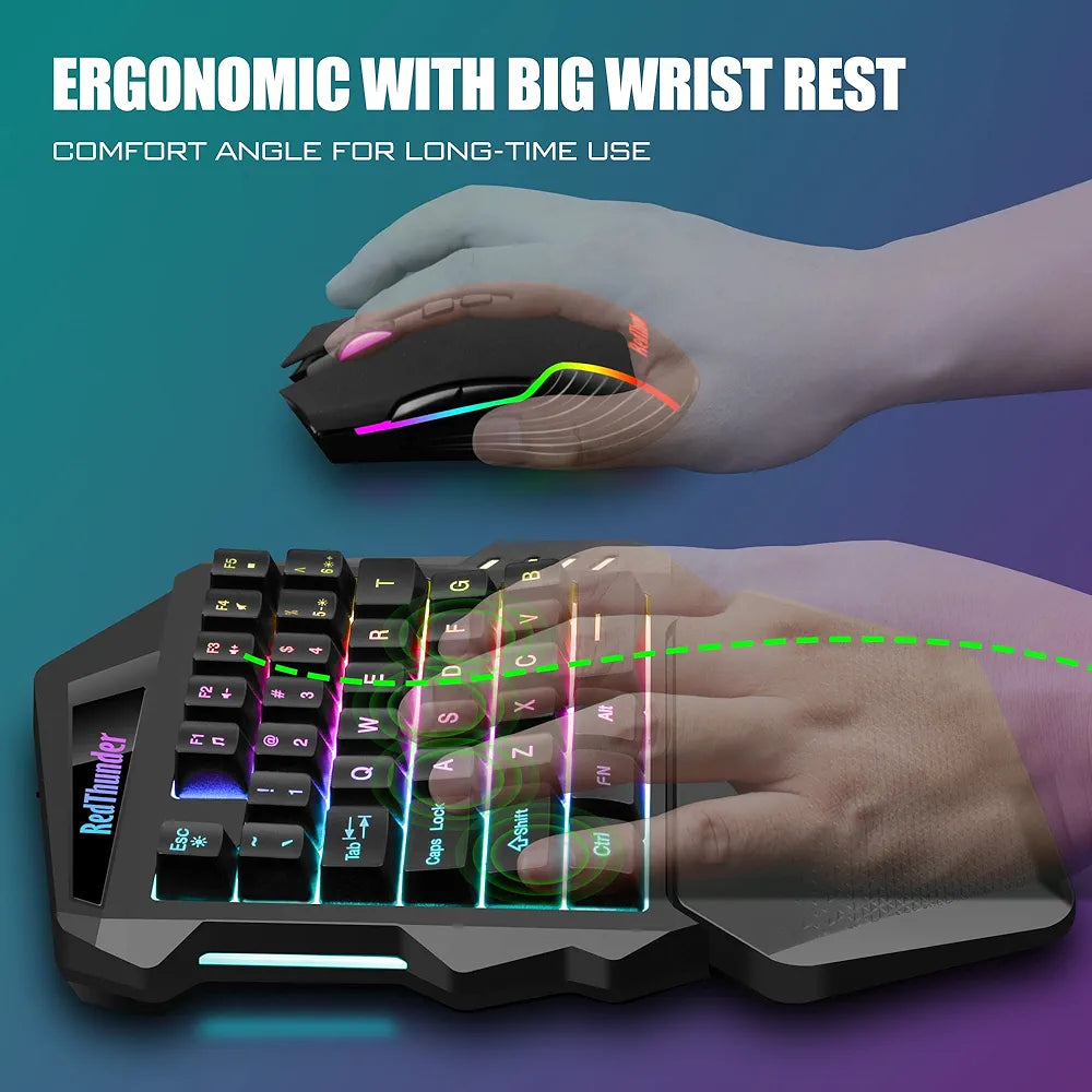 RedThunder G60 2.4Ghz Wireless RGB One-Handed Gaming Keyboard, 35-key Mini Design, Ergonomic Non-slip Comfortable Hand Rest, Rechargeable 2000mAh Battery, Suitable For PC, PS4, PS5, Xbox One.