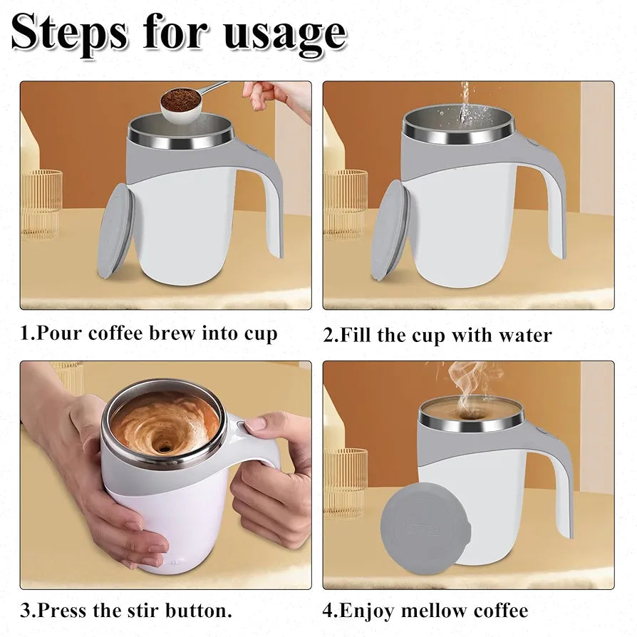 Self Stirring Coffee Mug Automatic Coffee Stirring Mixing Stainless Steel Travel Coffee Cup for Office, Home, Kitchen(White), 380 ml