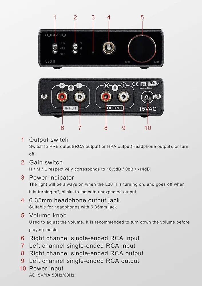 Topping L30II NFCA Linear Headphone Amp - 6.35mm Jack 3.5mm Adaptor RCA Input and Output 37Vpp high Output Voltage Mini HiFi Amp Audio