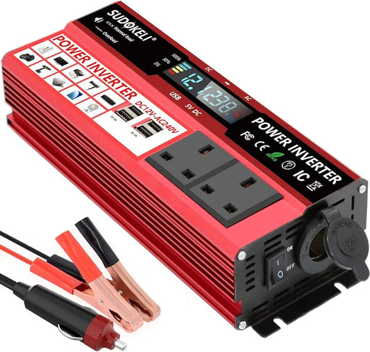 SUDOKEJI 1500W Power Inverter DC 12V to 240V AC Car Converter 12V Inverter with 12v Cigarette Lighter with 4.8A 4 USB 2 AC Sockets Car Adapter With LCD Display