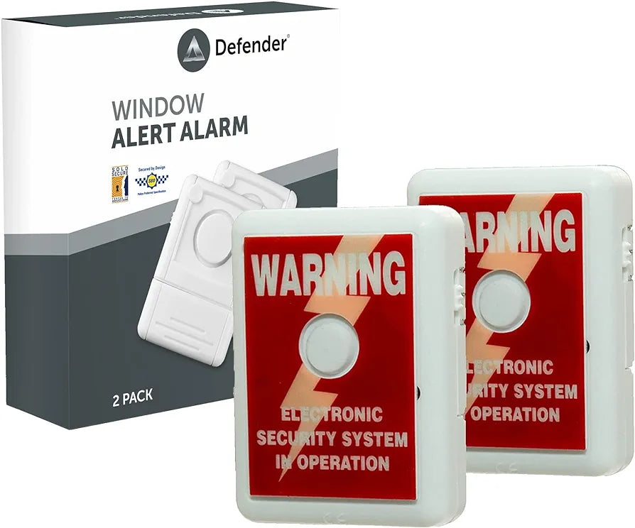 Defender Window Alert Vibration Alarm - Smashed Glass Alarm 110dB Siren - Window Alarm Vibration Shock Glass Siren - Theft Deterrent Alarm Warning Chime With Sticker - Detect Forced Entry (2 x Pack)