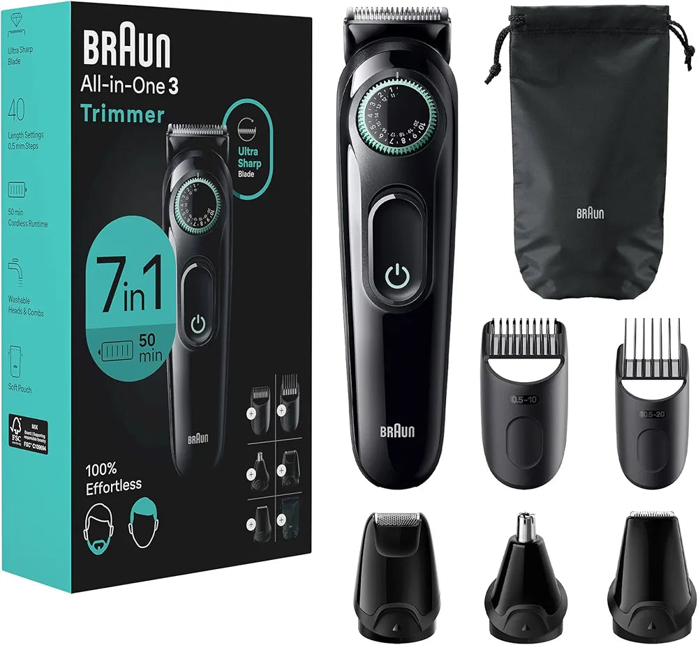 Braun All-in-One Style Kit Series 3 3470, 7-in-1 Trimmer for Men with Beard Trimmer, Ear & Nose Trimmer, Hair Clippers & More, Ultra-Sharp Blade, 40 Length Settings, Washable