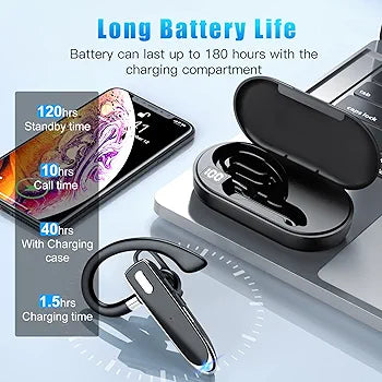 Bluetooth Earpiece Handsfree, Single Wireless Headset with Noise Canceling Mic, LED Charging Case iphone android