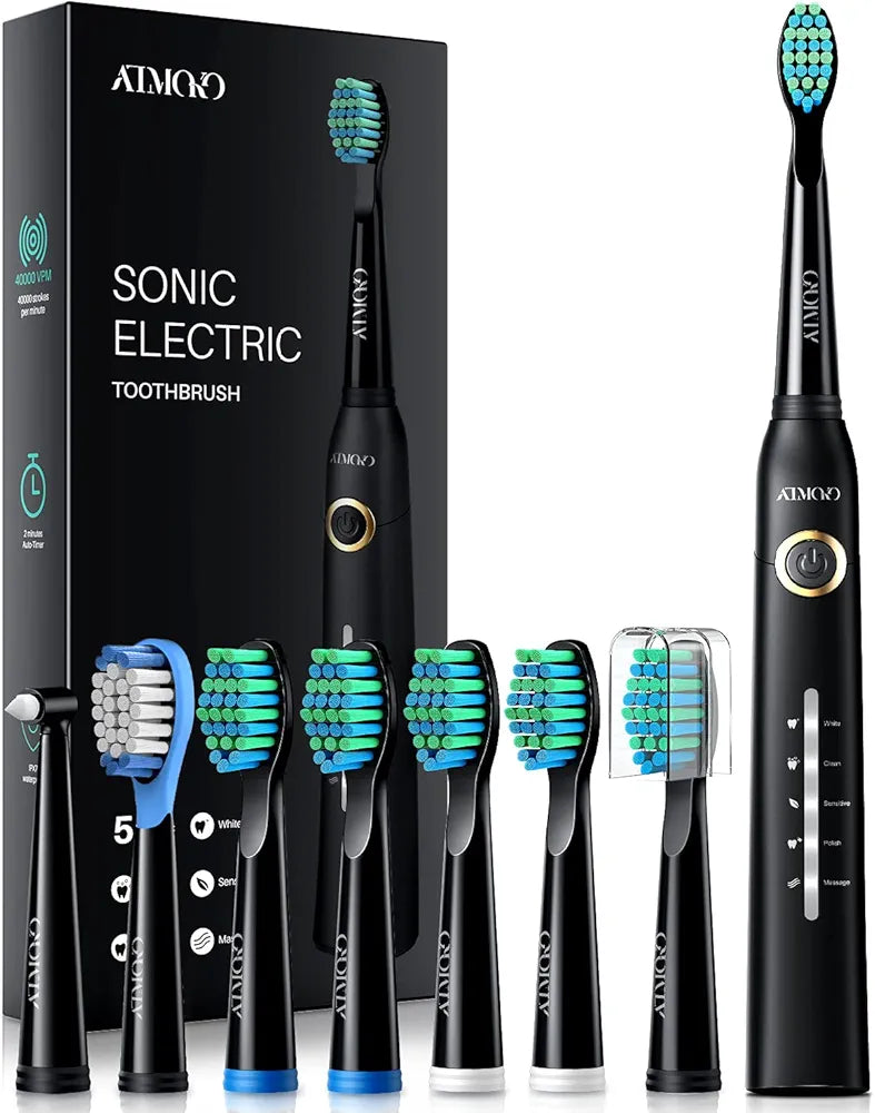 ATMOKO Electric Toothbrush with 8 Duponts Brush Heads, 5 Modes, 4 Hour Fast Charge for 30 Days Use, 40,000 VPM Motor, Power Whitening Rechargeble Sonic Toothbrushes for Adults & Kids HP126A