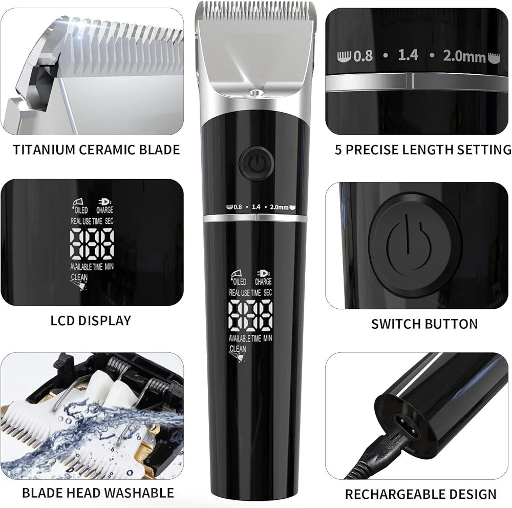 Etereauty Barber Clippers 5-level Adjustable Speed&5hrs Run Time Cordless Hair Trimmer, LCD Trimmer Haircut Kit with 8 Guide Combs