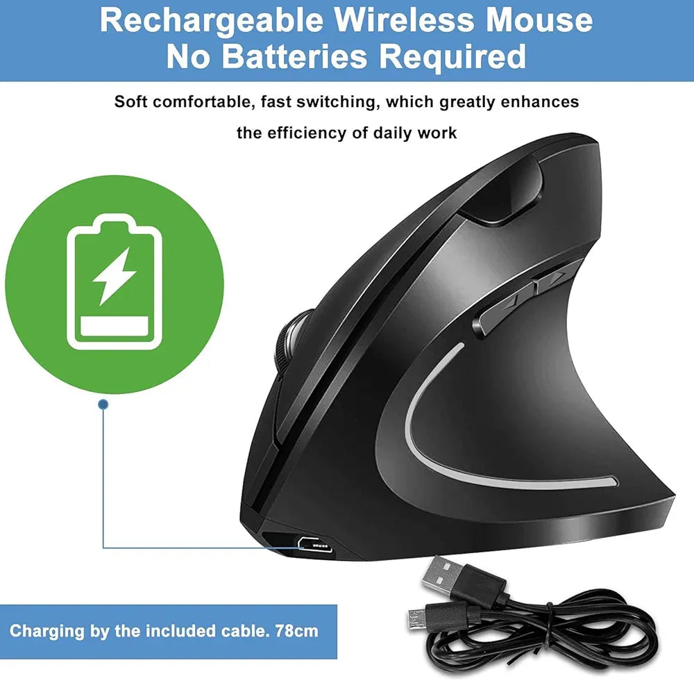 Vertical Wireless Mouse Rechargeable Ergonomic Mouse 2.4GHz Vertical Optical Mouse, Adjustable DPI 800/1200 /1600, 6 Buttons