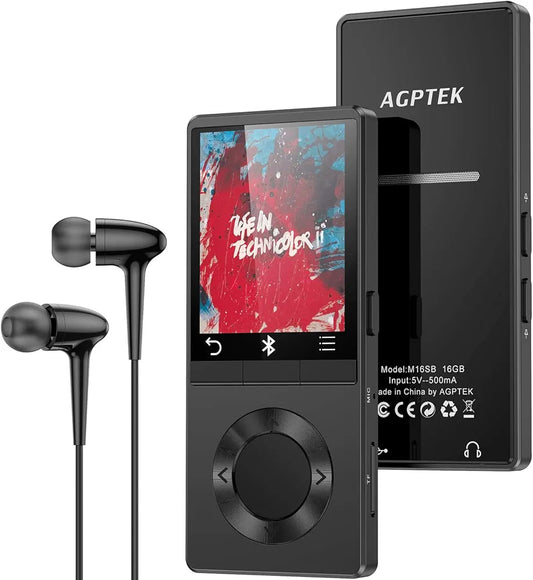 AGPTEK Bluetooth MP3 Player 16GB with Speaker, Metal HIFI Lossless Sound MP3 Player Music Player 1.8Inch TFT Screen, Shortcut Button for Bluetooth FM Radio Recording with Headphones, Black