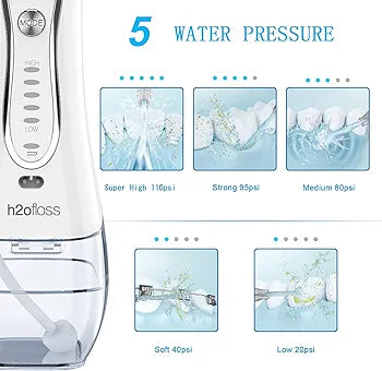 H2ofloss Water Flosser Professional Cordless Dental Oral Irrigator - Portable and Rechargeable IPX7 Waterproof Water Flossing for Teeth Cleaning,300ml Reservoir Home and Travel (HF-6)