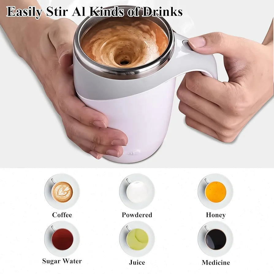 Self Stirring Coffee Mug Automatic Coffee Stirring Mixing Stainless Steel Travel Coffee Cup for Office, Home, Kitchen(White), 380 ml