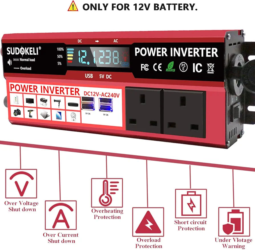 SUDOKEJI 1500W Power Inverter DC 12V to 240V AC Car Converter 12V Inverter with 12v Cigarette Lighter with 4.8A 4 USB 2 AC Sockets Car Adapter With LCD Display