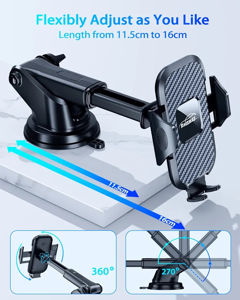 Rainway Phone Holder for Cars, 3 in 1 Car Phone Holder, Universal Mobile Phone Holder for Car for Dashboard/Windscreen/Air Vent , 360° Rotation Car Phone Mount Compatible with iPhone Samsung etc