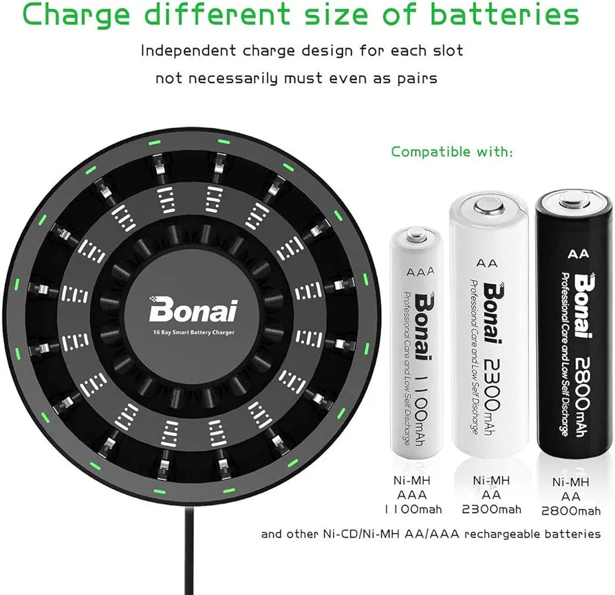 BONAI Rechargeable AA Batteries with Charger, 16 Bay Smart AA AAA Battery Charger and 16 Pack AA Rechargeable Batteries(2800mAh High Capacity, Round-Design Charger)