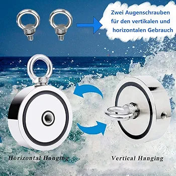Magnetic Fishing Set 770 kg Double-Sided Eyelet Magnet with Rope 20 m Carabiner Search Anchor Gloves Diameter 94 mm