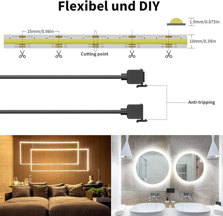 PAUTIX COB LED Strip CCT Warm White Cool White, 5 m, 3200 LEDs, Dimmable, 2700 K - 6500 K, 24 V LED Strip Light Set with Power Supply and RF Remote Control for Bedroom, Kitchen, TV, Mirror, DIY