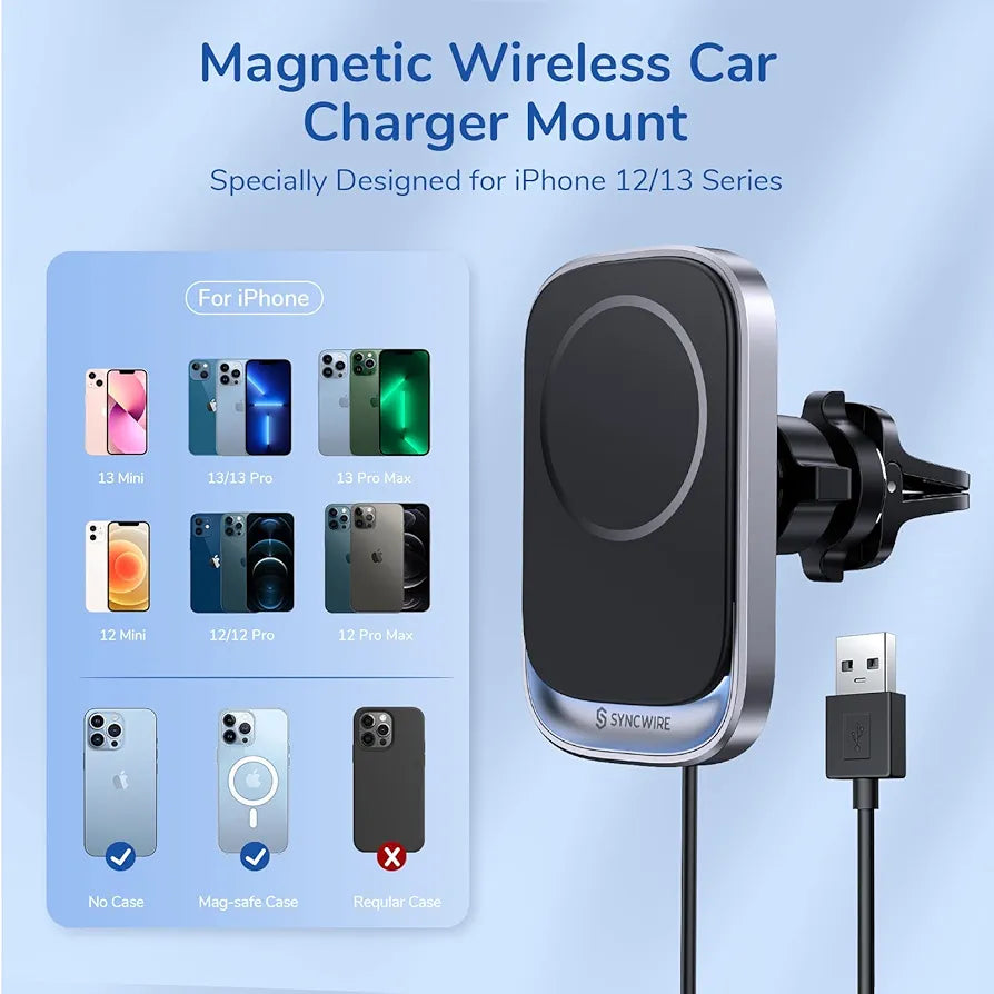 Syncwire Magnetic Wireless Car Charger, Fast Charging, Compatible with MagSafe Car Charger, 360° Adjustable Air Vent Mount for iPhone 13/13 Pro/13 Pro Max/12/12 Pro/12 mini/12 Pro Max, Black