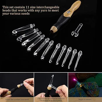 Lighted Crochet Hook Set - 11 Size Interchangeable Heads 2.5mm to 8.0mm with Latest Bag,USB Rechargeable LED Lighted Crochet Hook Set for Arthritic Hands (Black Bag Purple Handle