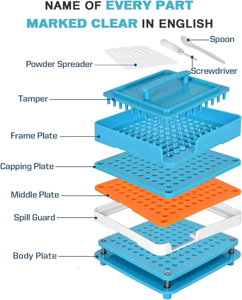 Capsule Holder With Tamper for Size 0 capsules Holding Tray Pill Dispensers & Reminders 100pcs-0 ) - 100 Holes (0 )