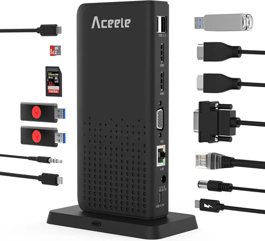 Aceele 15 in 1 Triple USB C Docking Station Display USB C SD/TF Hub, HDMI, VGA, LAN, Audio, 100W Pd, Multiport Adapter for MacBook Pro/Air, Dell XPS, HP, Surface and Lenovo