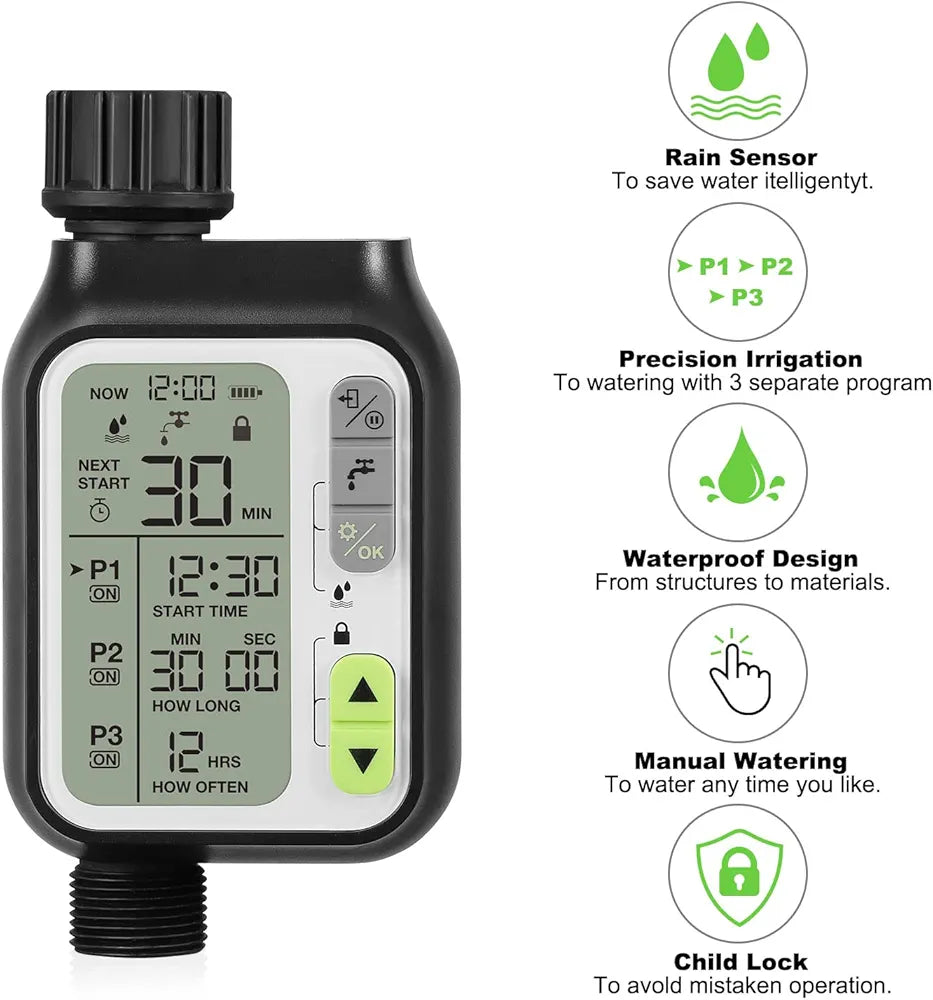 Water Timer Digital Irrigation Timer Programmable Watering Timer Sprinkler Timer IP65 Waterproof/Child Lock Mode/Auto&Manual Mode/Rainwater Sensor Function