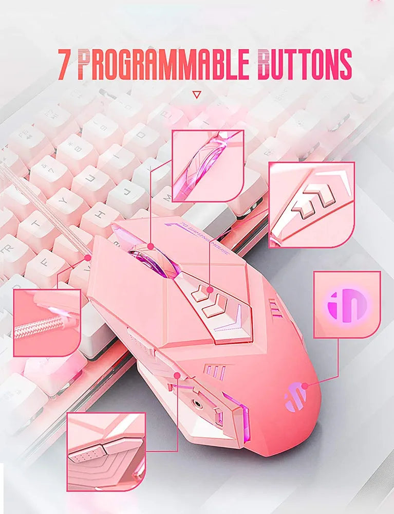 PW5 Wired Gaming Mouse, 7 Programmable Buttons, Silent Click, 4 Levels Adjustable DPI, RGB, USB Wired Mice for PC, Mac, Laptop, Computer-Pink
