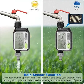 Water Timer Digital Irrigation Timer Programmable Watering Timer Sprinkler Timer IP65 Waterproof/Child Lock Mode/Auto&Manual Mode/Rainwater Sensor Function