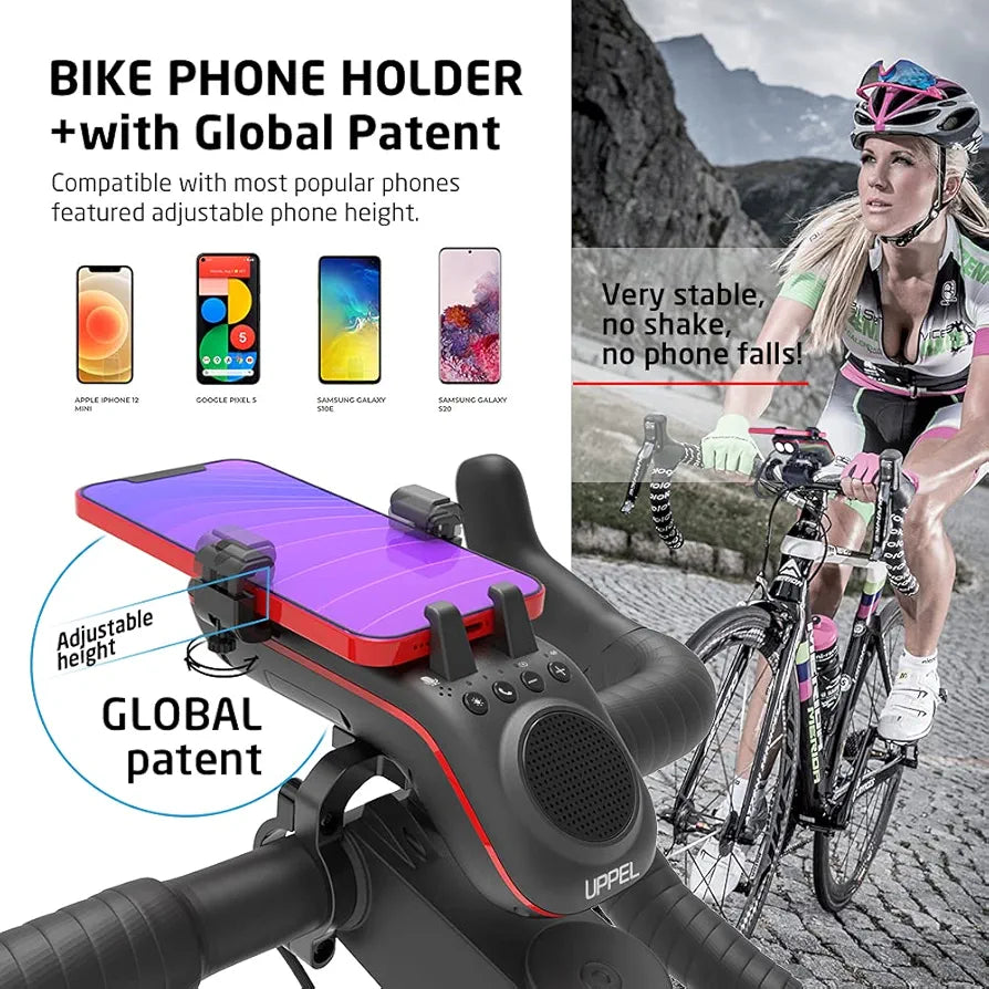 UPPEL Bike Phone Holder 10-in-1 - Multifunctional Bluetooth Bicycle Speaker - LED Light - Power Bank - Bike Horn - Microphone - Ideal for Road & Mountain Bike - Extreme & Casual Cycling Black