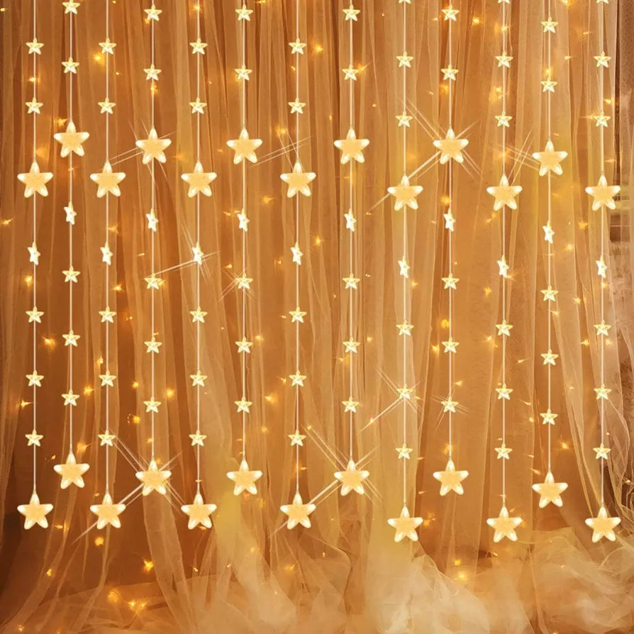 Star Curtain Lights 144 LED Window String Lights 8 Flashing Modes