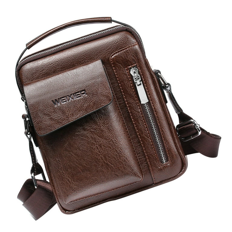 Men Shoulder Bag PU Leather Wear-resisting Zipper Messenger Bag Crossbody Bag for Business and Casual - Large Size (Brown)
