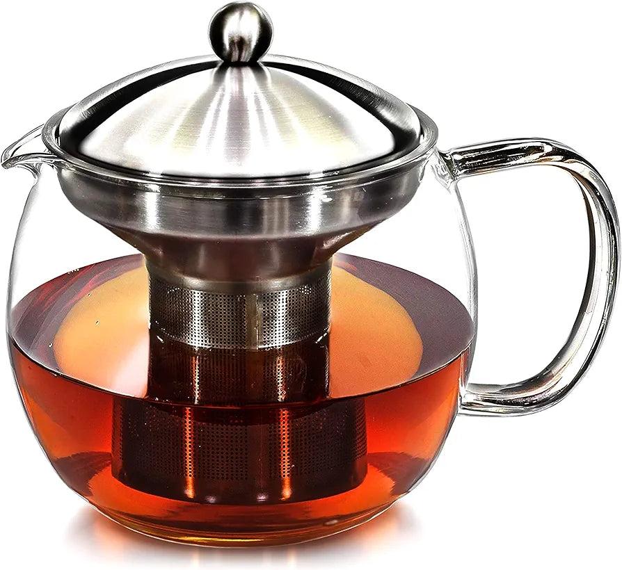 Teapot with Infuser for Loose Tea - 40oz, 3-4 Cup Tea Infuser, Clear Glass Tea Kettle Pot with Strainer & Warmer - Loose Leaf, Iced Tea Maker & Brewer