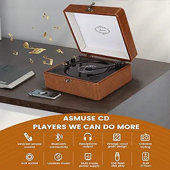 Asmuse CD Player portable, cd Player Bluetooth HiFi Loud Speakers, Retro Home Audio Boombox with Remote Control USB MP3 3.5mm Headphone AUX In/Output for Audio Books Music Listening