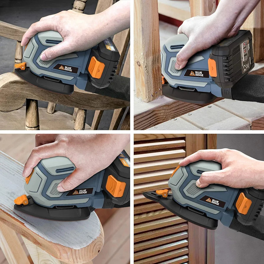 BLUE RIDGE 18V Cordless Lithium-Ion Detail Sander with 2.0 Ah Battery, Sturdy Dust Collection Container & Fast Charger, 13,000 OPM Mouse Detail Sander, 1.5mm Orbital Diameter BR2807