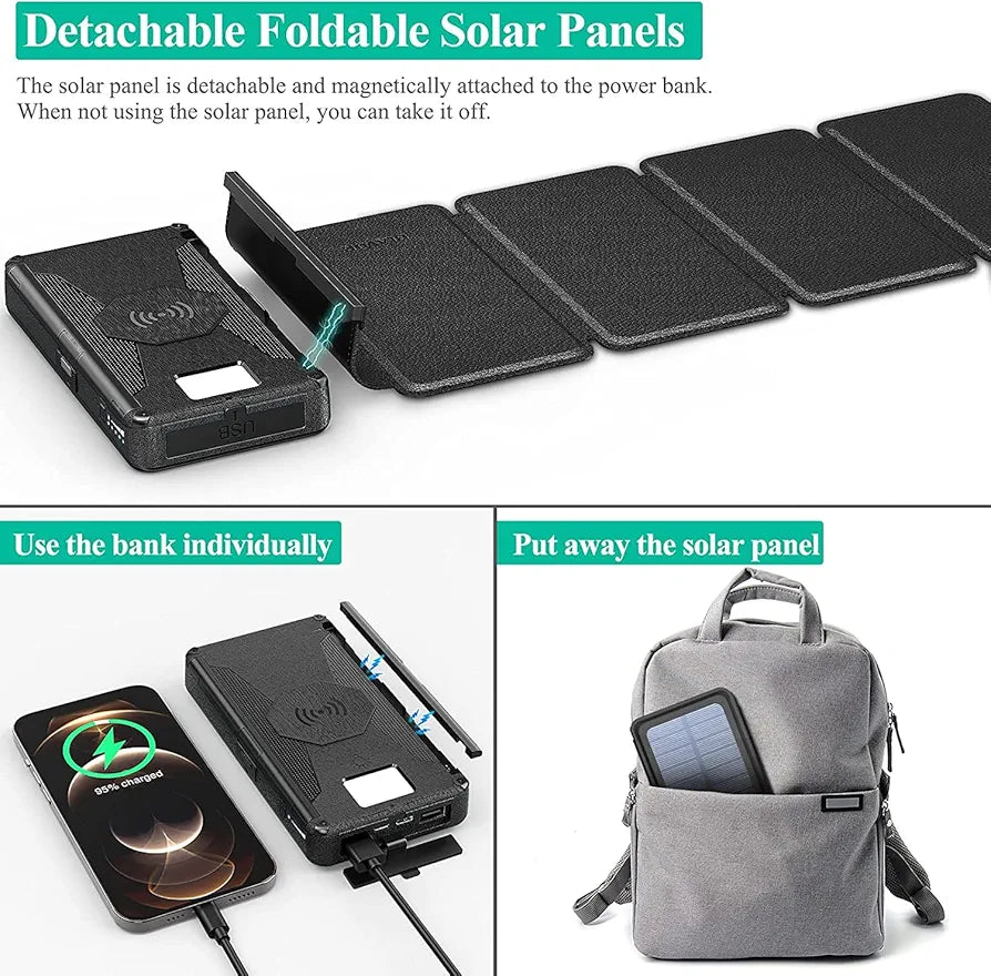 BLAVOR Solar Charger Five Panels Detachable, Qi Wireless Charger 20000mAh Portable Power Bank with Dual Output Type C Input Flashlight and Compass Kit (Black, 20000mah)