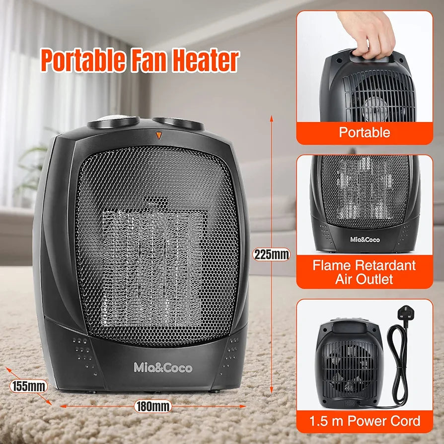 Ceramic Fan Heaters for Home Low Energy, 1500W 2-in-1 Portable Space Heaters with 3 Heat Settings, Instant Heat Electric PTC Heaters with Energy Efficient for Living Room, Bedroom, Mia&Coco