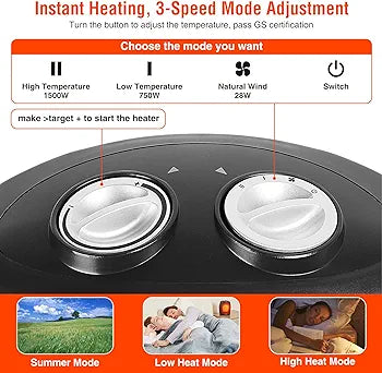 Ceramic Fan Heaters for Home Low Energy, 1500W 2-in-1 Portable Space Heaters with 3 Heat Settings, Instant Heat Electric PTC Heaters with Energy Efficient for Living Room, Bedroom, Mia&Coco