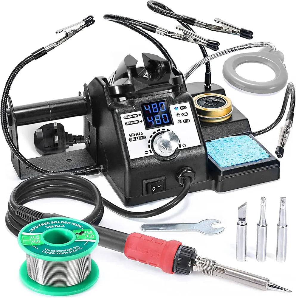 YIHUA 926LED-IV EVO 110W Soldering Station 90~480°C Soldering Kit with 4 helping hands, 1 magnifier with LED, solder wire dispenser, 3 extra soldering tips, 35g lead-free solder wire