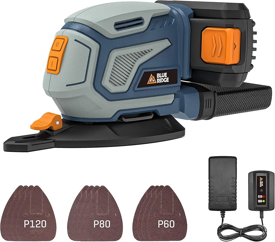 BLUE RIDGE 18V Cordless Lithium-Ion Detail Sander with 2.0 Ah Battery, Sturdy Dust Collection Container & Fast Charger, 13,000 OPM Mouse Detail Sander, 1.5mm Orbital Diameter BR2807