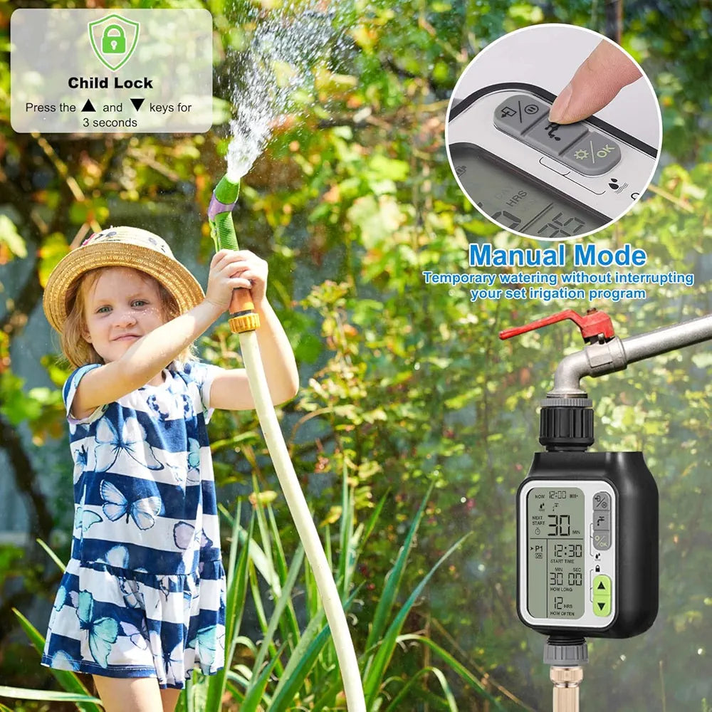 Water Timer Digital Irrigation Timer Programmable Watering Timer Sprinkler Timer IP65 Waterproof/Child Lock Mode/Auto&Manual Mode/Rainwater Sensor Function