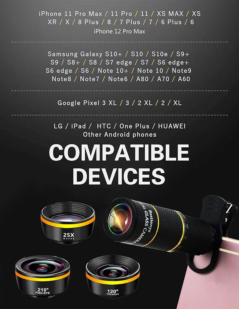 Bostionye Phone Camera Lens Kit 4 in 1 for iPhone Samsung Pixel Android, 22X Telephoto Lens,120°Super Wide Angle&25X Macro Lens,210°Fisheye Lens,Phone Holder+Tripod+Eyecup,for Most Smartphone