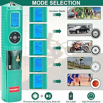 Tyre Inflator, HYCHIKA 12V Cordless 160PSI Portable Air Compressor, USB Port Charge, 5 Inflating Modes, LED Light, 3 Model Display Units for Car, Bike