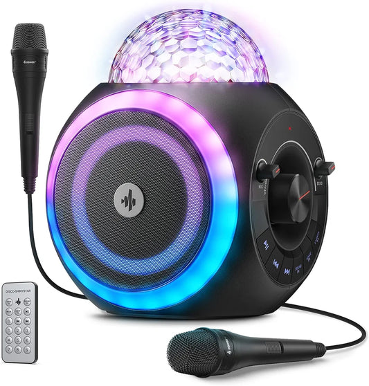 Donner Portable Karaoke Machine for Adults/Kids, Bluetooth PA Speaker System with Disco Ball, 2 Microphones, 6 Voice Changer Effects, 6 Light Effects, Remote Control, Autotune - Disco-Shinystar