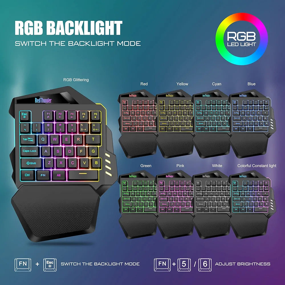 RedThunder G60 2.4Ghz Wireless RGB One-Handed Gaming Keyboard, 35-key Mini Design, Ergonomic Non-slip Comfortable Hand Rest, Rechargeable 2000mAh Battery, Suitable For PC, PS4, PS5, Xbox One.