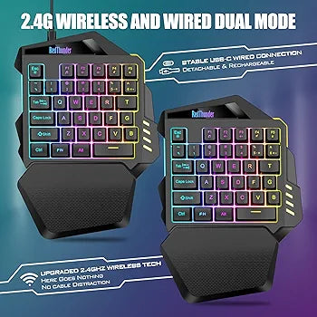 RedThunder G60 2.4Ghz Wireless RGB One-Handed Gaming Keyboard, 35-key Mini Design, Ergonomic Non-slip Comfortable Hand Rest, Rechargeable 2000mAh Battery, Suitable For PC, PS4, PS5, Xbox One.