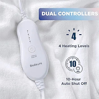 Bedsure Heated Mattress Pad Queen - Dual Controller Electric Bed Warmer and 4 Heat Settings, Coral Fleece with 10 Hour Timer Auto Shut Off (Queen, 60"x80")