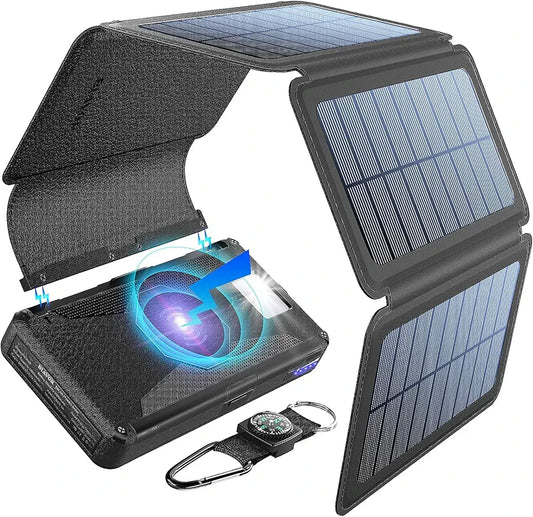 BLAVOR Solar Charger Five Panels Detachable, Qi Wireless Charger 20000mAh Portable Power Bank with Dual Output Type C Input Flashlight and Compass Kit (Black, 20000mah)