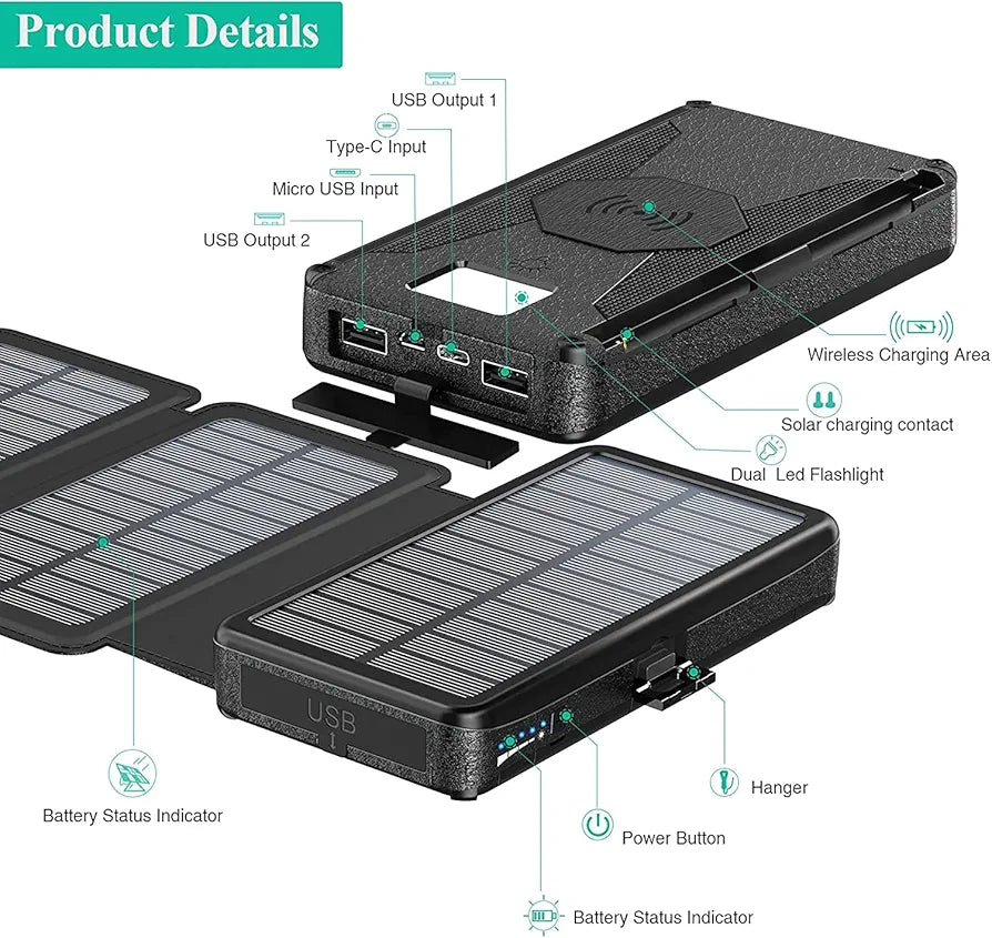 BLAVOR Solar Charger Five Panels Detachable, Qi Wireless Charger 20000mAh Portable Power Bank with Dual Output Type C Input Flashlight and Compass Kit (Black, 20000mah)