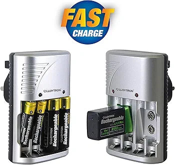 LLOYTRON Compact AA / AAA / 9v (PP3) Battery Charger for NiMh / NiCd Rechargeable Batteries ? Charge 2 or 4 Batteries at Once ? B1502 - Silver