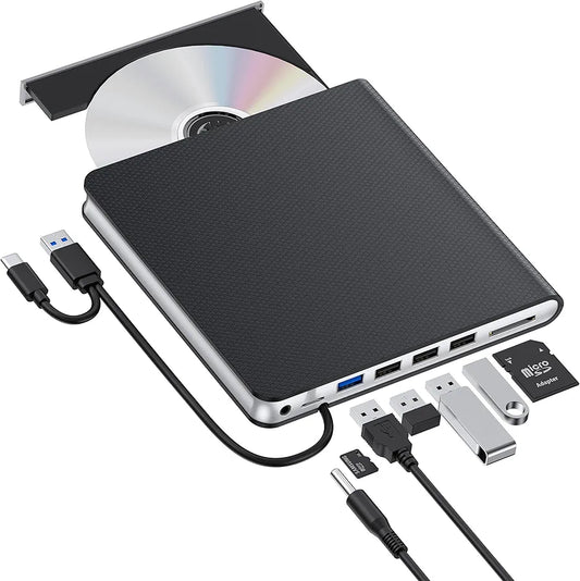 External CD DVD Drive USB 3.0 & Type-C DVD Drive External with 2 USB & SD/TF, DVD RW Burner External CD Drive for Laptop, PC, Desktop, MacBook, iMac, Windows 11/10/8/7/XP/Linux/Vista/MacOS