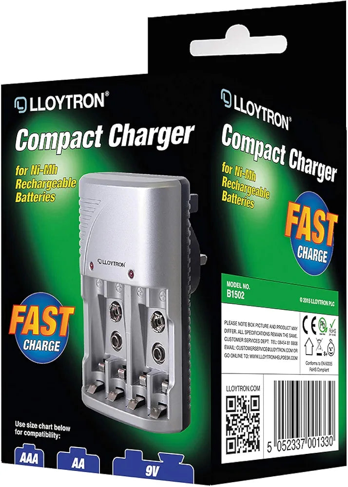 LLOYTRON Compact AA / AAA / 9v (PP3) Battery Charger for NiMh / NiCd Rechargeable Batteries ? Charge 2 or 4 Batteries at Once ? B1502 - Silver