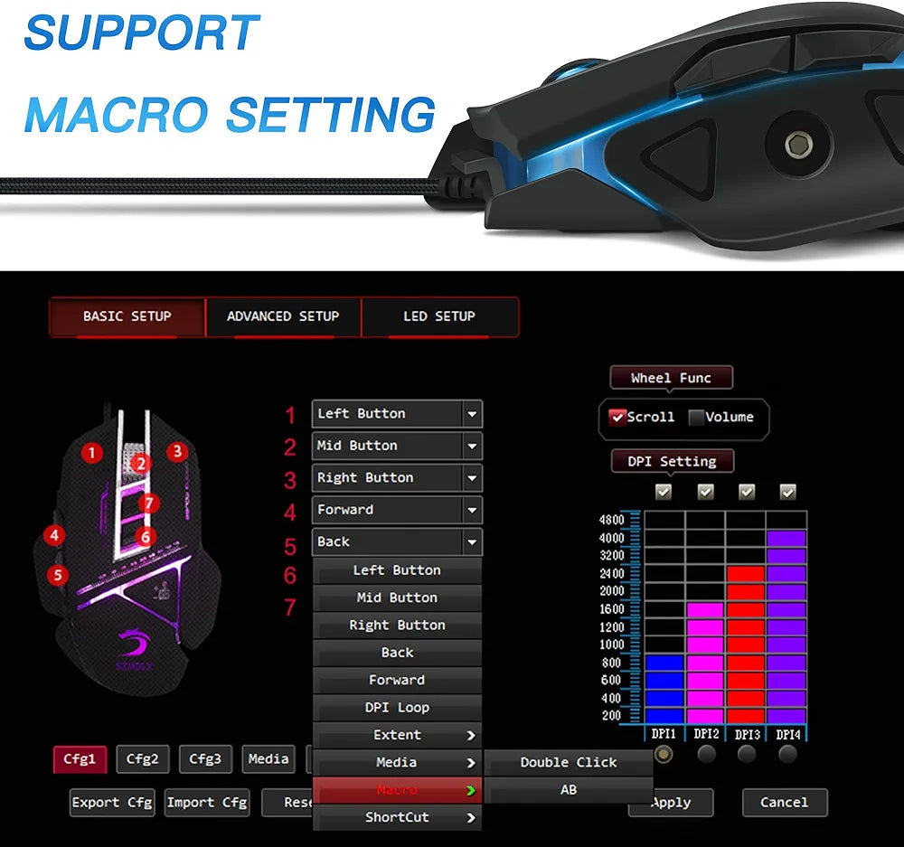 SZMDLX Gaming Mouse, Wired (4800 DPI) (Programmable) (Breathing Light) (Weight Tuning Set) Ergonomic Game