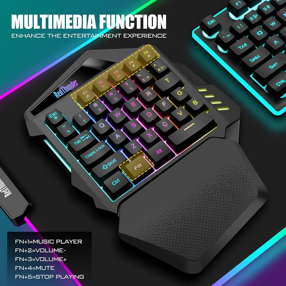 RedThunder G60 2.4Ghz Wireless RGB One-Handed Gaming Keyboard, 35-key Mini Design, Ergonomic Non-slip Comfortable Hand Rest, Rechargeable 2000mAh Battery, Suitable For PC, PS4, PS5, Xbox One.